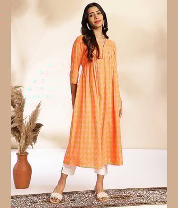 Janasya Cotton Printed A-line Women's Kurti - Orange ( Pack of 1 )