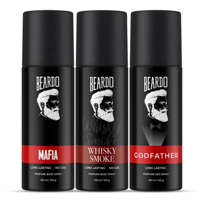 BEARDO Godfather, Whisky Smoke & Mafia Perfume Body Spray for Men (Set of 3) | Citrus Aromatic Spicy | Deodorant | Deo For Men | Long Lasting Perfume | Husband | Boyfriend BEARDO Godfather, Whisky Smoke & Mafia Perfume Body Spray for Men (Set of 3) | Cit
