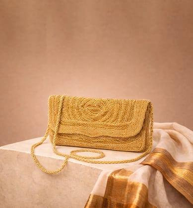 Handcrafted Gold Zari Zardozi Embroidered Evening Clutch with Chain Strap Handcrafted Gold Zari Zardozi Embroidered Evening Clutch with Chain Strap