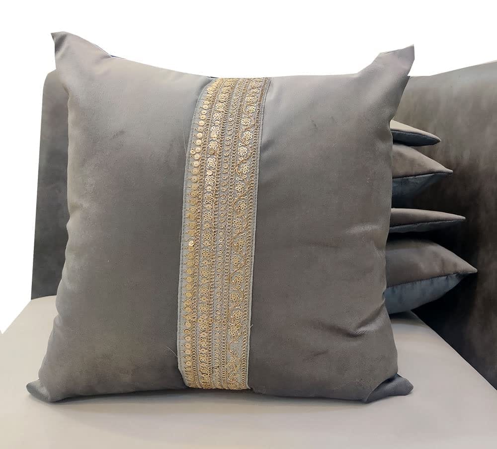 GOODVIBES 16X16 Inches Grey Velvet Suede Cutwork Embroidered Square Cushion Cover with Lace for Décor Sofa Couch Living Room Bedroom Farm House Indoor Outdoor | 40cm * 40 cm I Set of 5|