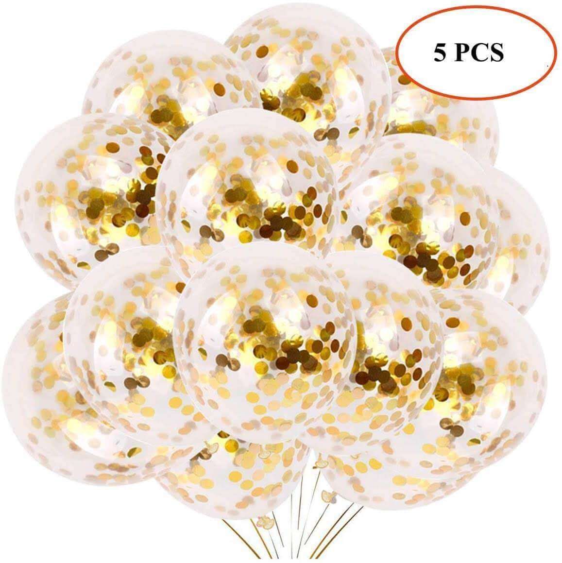 Transparent Balloons w/ Gold Confetti - Helium Quality - 12 inches - 5 PC