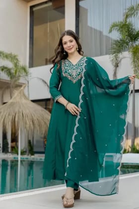 Vaidehi Fashion Bottle Green Chinon Kurta Set with Embroidered Yoke & Sheer Organza Dupatta Embroidered Anarkali Kurta, Bottom & Dupatta Set