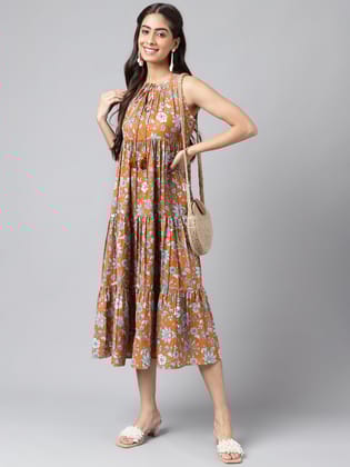 Floral Printed Tie Up Neck Gathered or Pleated A-Line Midi Tiered Dress
