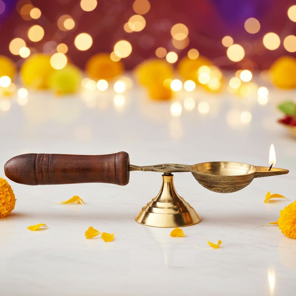 Brass Table Decor Oil Lamp Deepak With Wooden Handle  - Classic Brass Diya for D�cor, Height : 1.4 Inch (FMAS363 C)