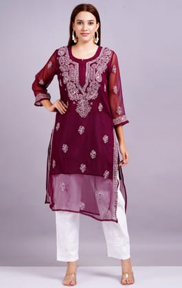 MRS RIGHT CHIKANKARI MIRROR EMBROIDERED MAROON  KURTI
