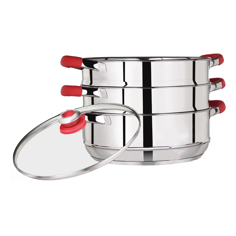 Premier Stainless Steel Induction Bottom 3 Tier Steamer with glass lid - 20 cm