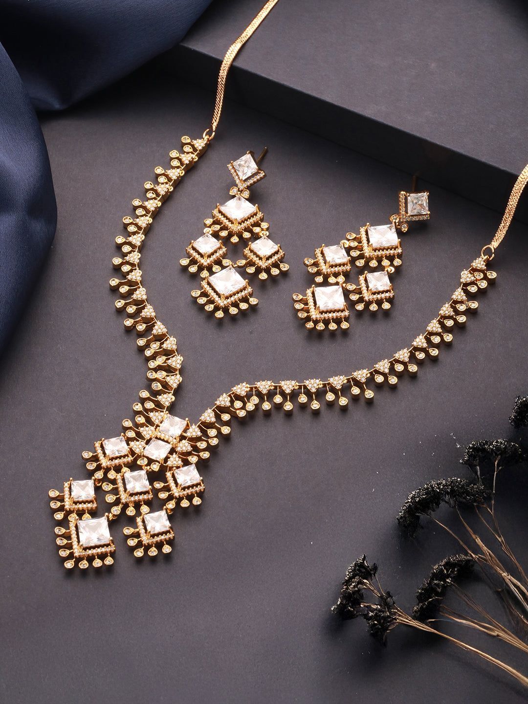 Gold Toned Cubic Zirconia Studded Designer  Chandelier  Statement Necklace Jewellery Set