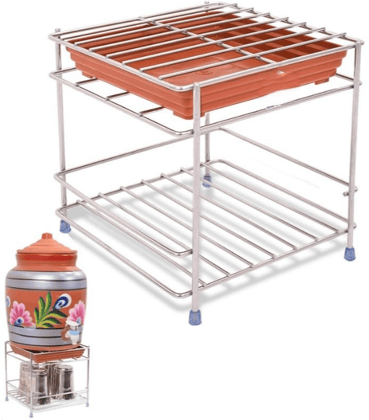 DC Steel Matka Stand with Water Tray, Square Design, 20 x 20 x 19 cm, Silver (Square Stand)