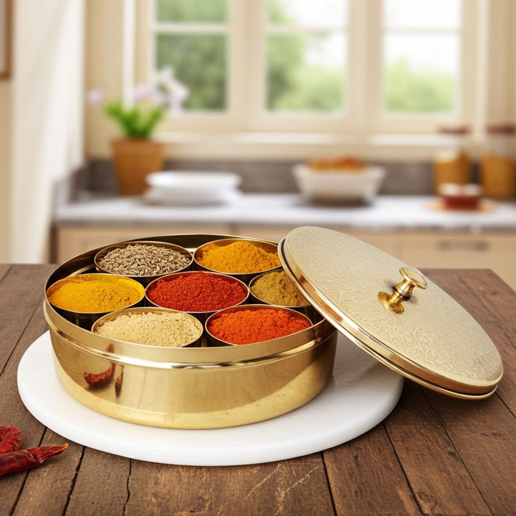 Brass Spice Box, Masala Box Set With Spoon (ZMAS585 A)