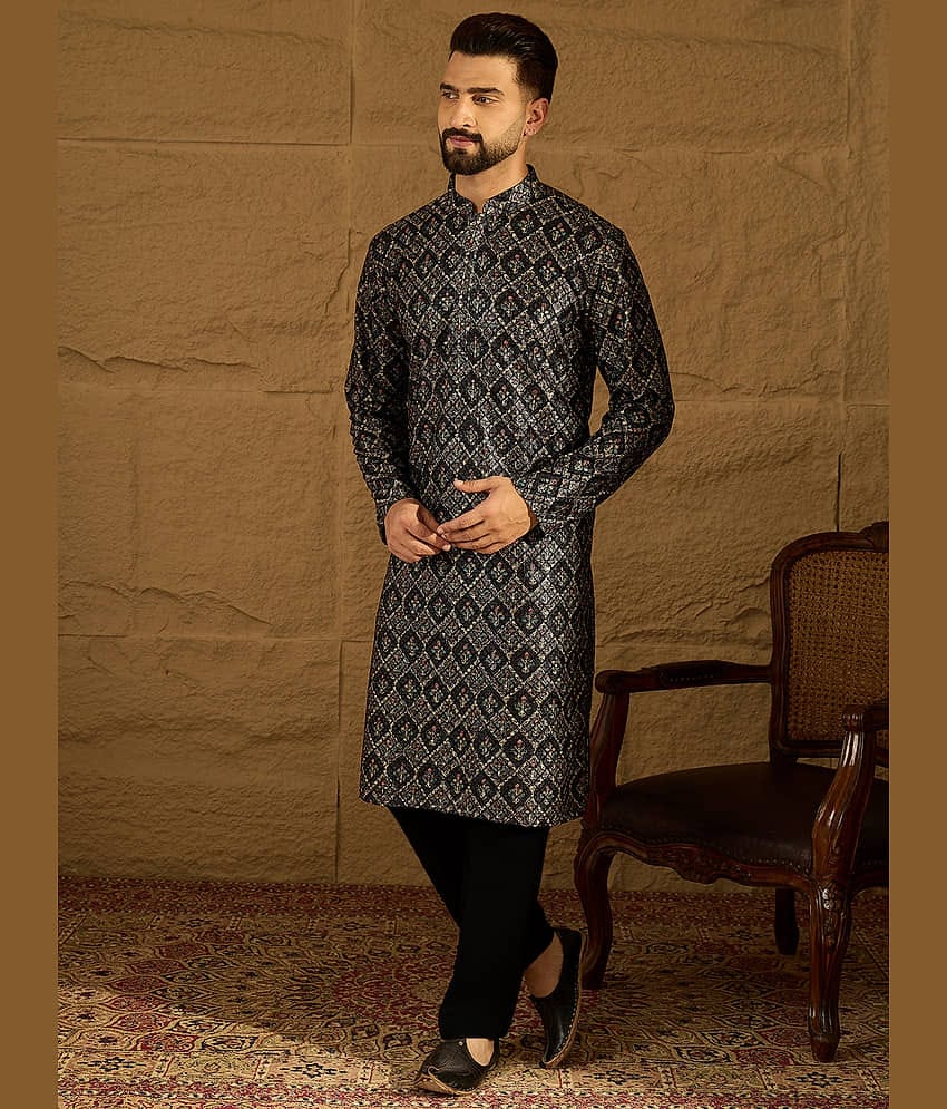 Ethnic Bay Viscose Printed Regular Kurta For Men ( Black )