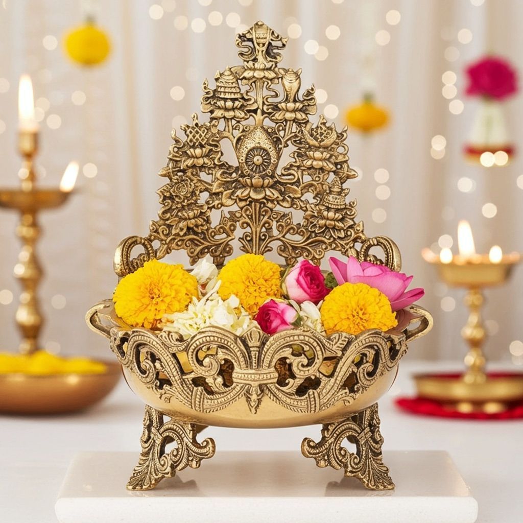 Brass Flower Urli with Peacock - Decorative Brass Bowl, Diameter : 8 Inch (BSMAS1143 A)