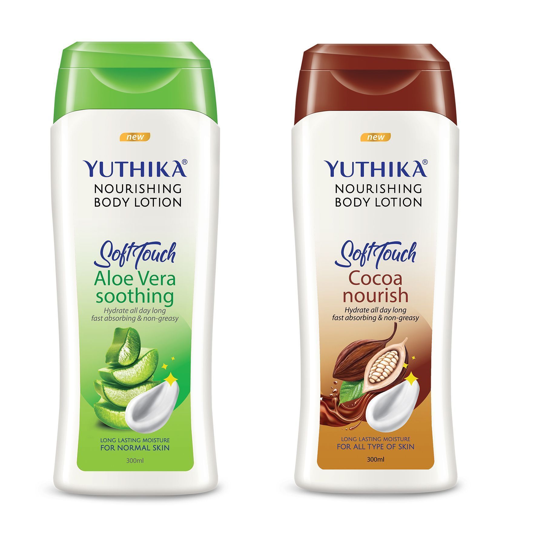 Yuthika Nourishing Body Lotion 300ml Combo Pack of 2, Non Greasy Aloe Vera and Cocoa Nourish Body Lotion for Women & Men