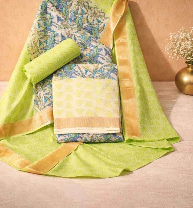 Gond Art Block Print Maheshwari Unstitched Suit Set – Heritage Tribal Motif (3 Piece)