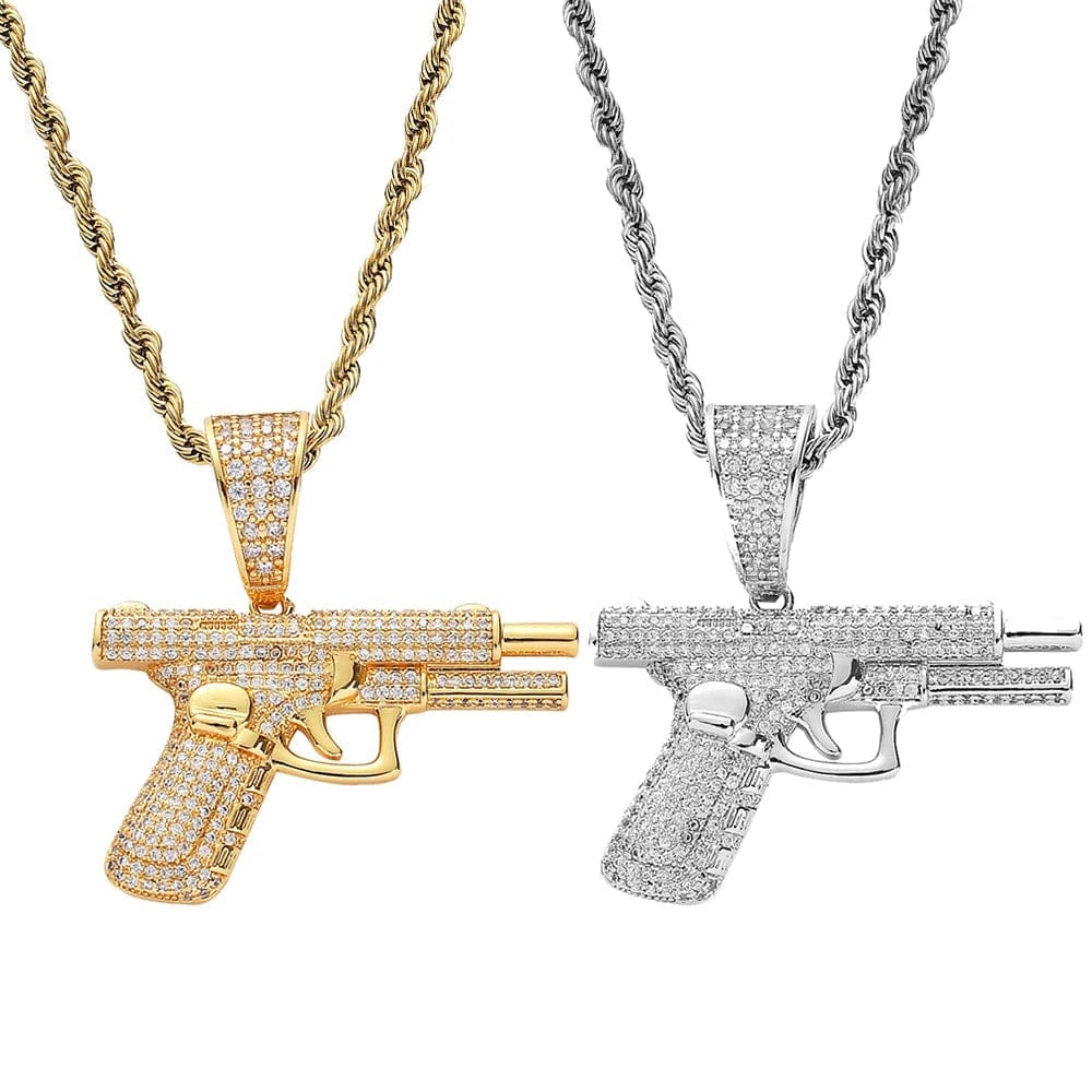 Trendy Hip Hop Gold Plated Men Gold Silver Iced Out Gun Diamond Pistol Pendant Charm Jewelry Necklace
