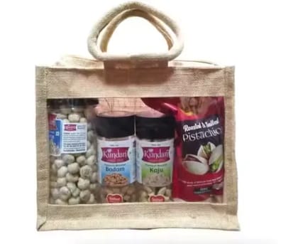 Eco Friendly Jute Gift Hamper Bag with Front Transparent window | Reusable Tote for Gifting Shopping|Return Gift wholesale Wedding Birthday Events