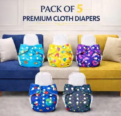 Pack of 5 with 5 Premium Insert Printed Cloth Diapers | Ultra Soft, Heavy Absorbency, Leakproof, Adjustable & Rash-Free Baby Nappies