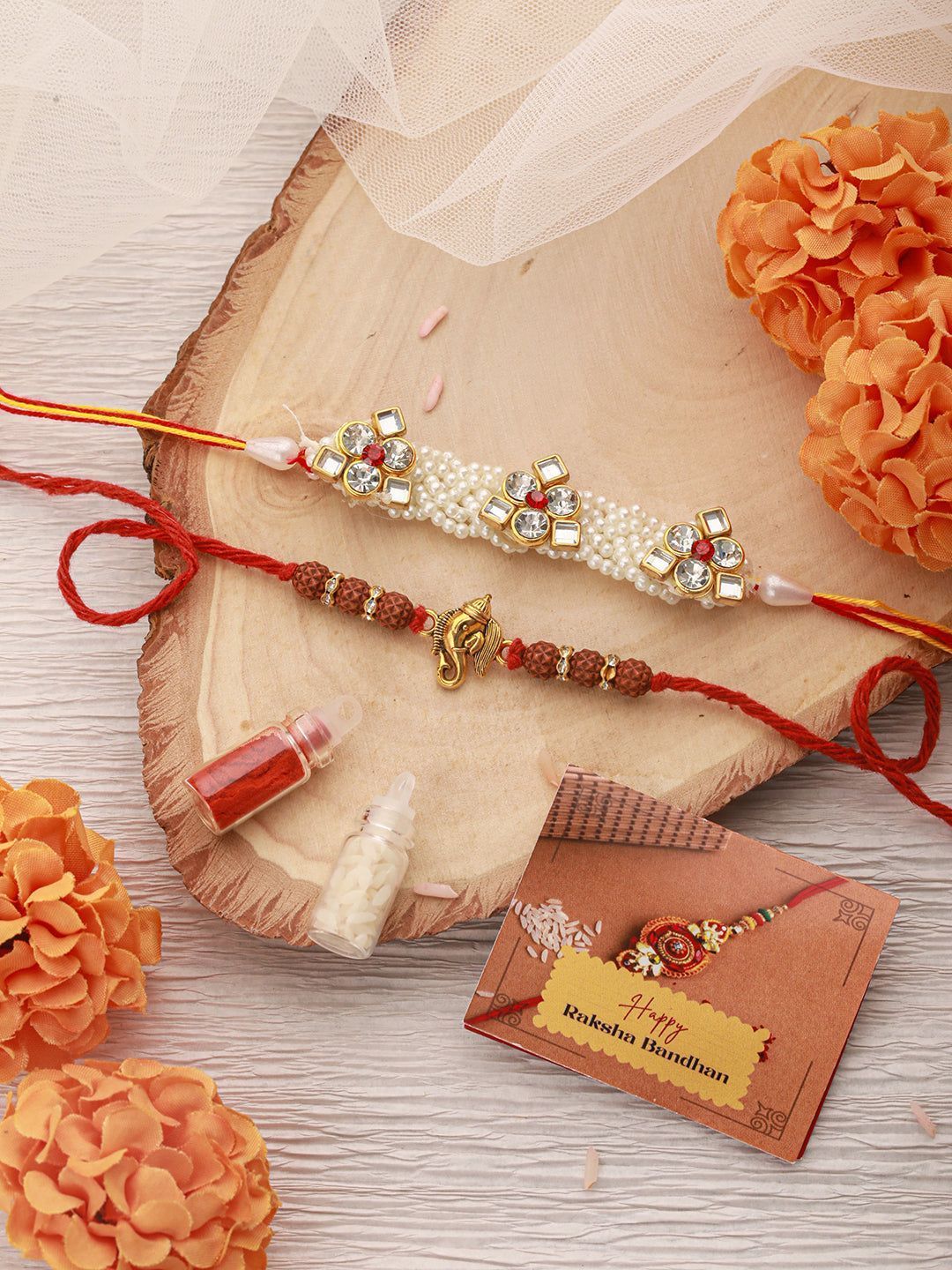 Set Of 2 Handcrafted  Ganesh Rudraksh & Pearl Beaded Combo Thread Moli  Rakhi Wth Roli Chawal