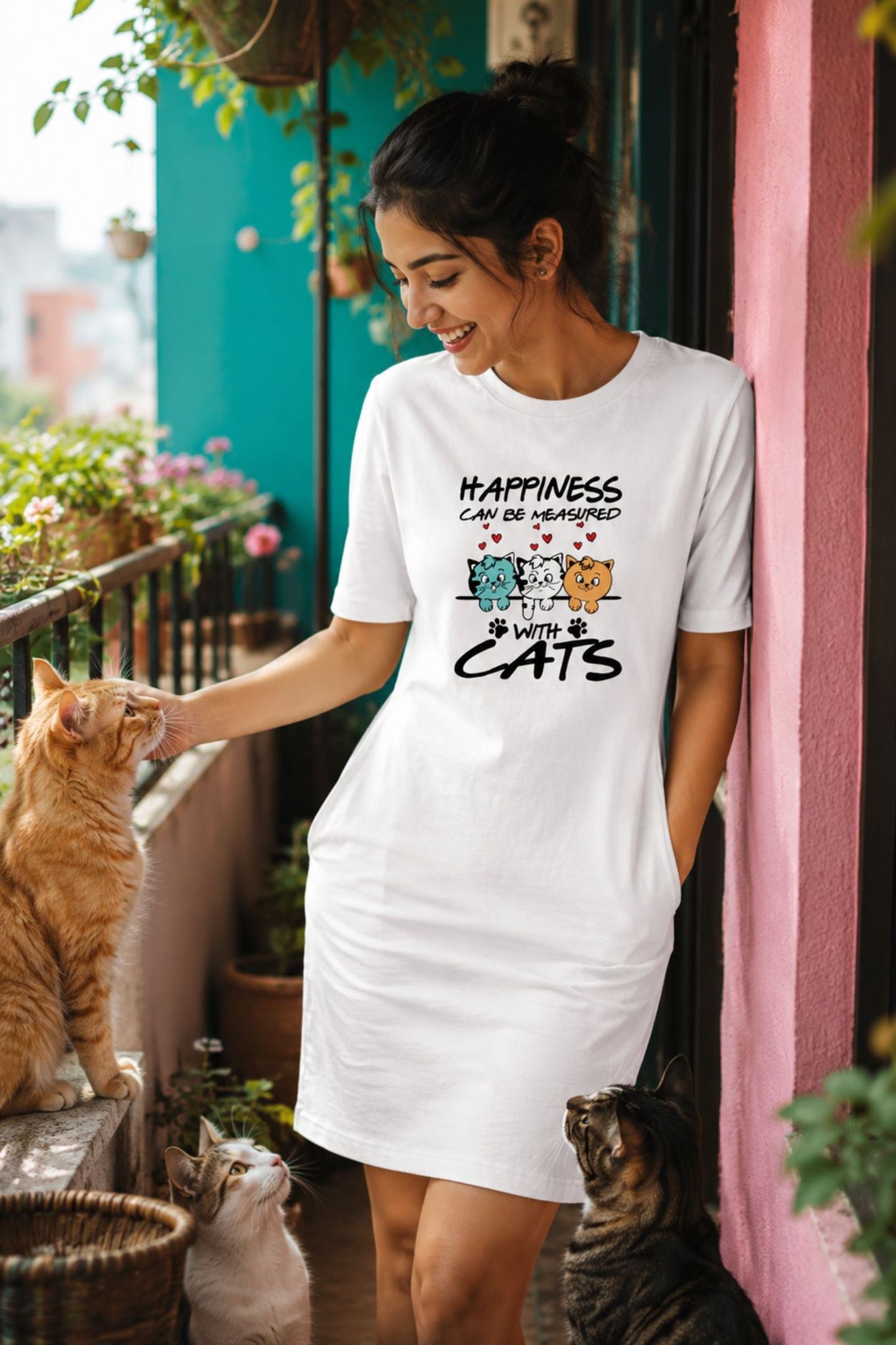 T-shirt Dress With Pockets - Feline Happy (3 Colours) (Slim Fit)