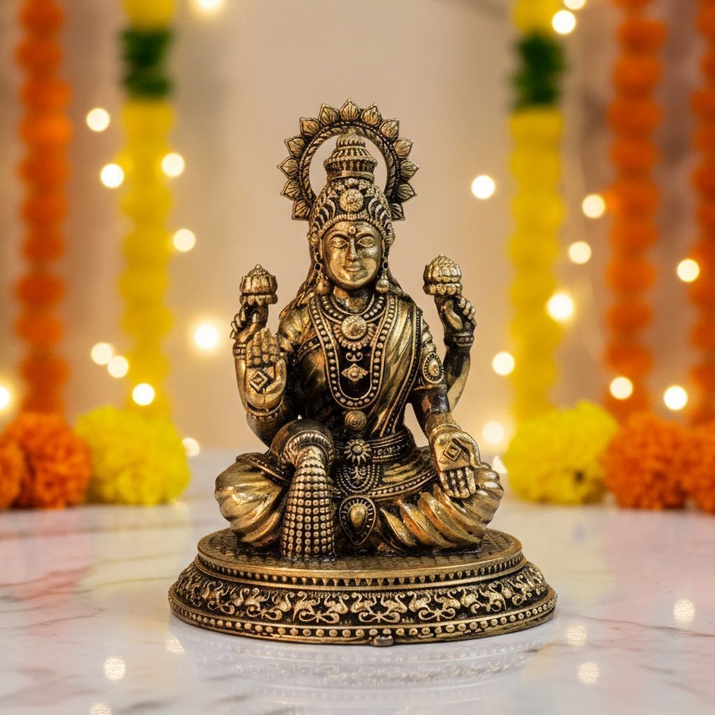 Brass Laxmi Ji God Idol – Goddess Lakshmi Brass Home Mandir Statue, Height : 5.5 Inch (BSMAS1829 L)