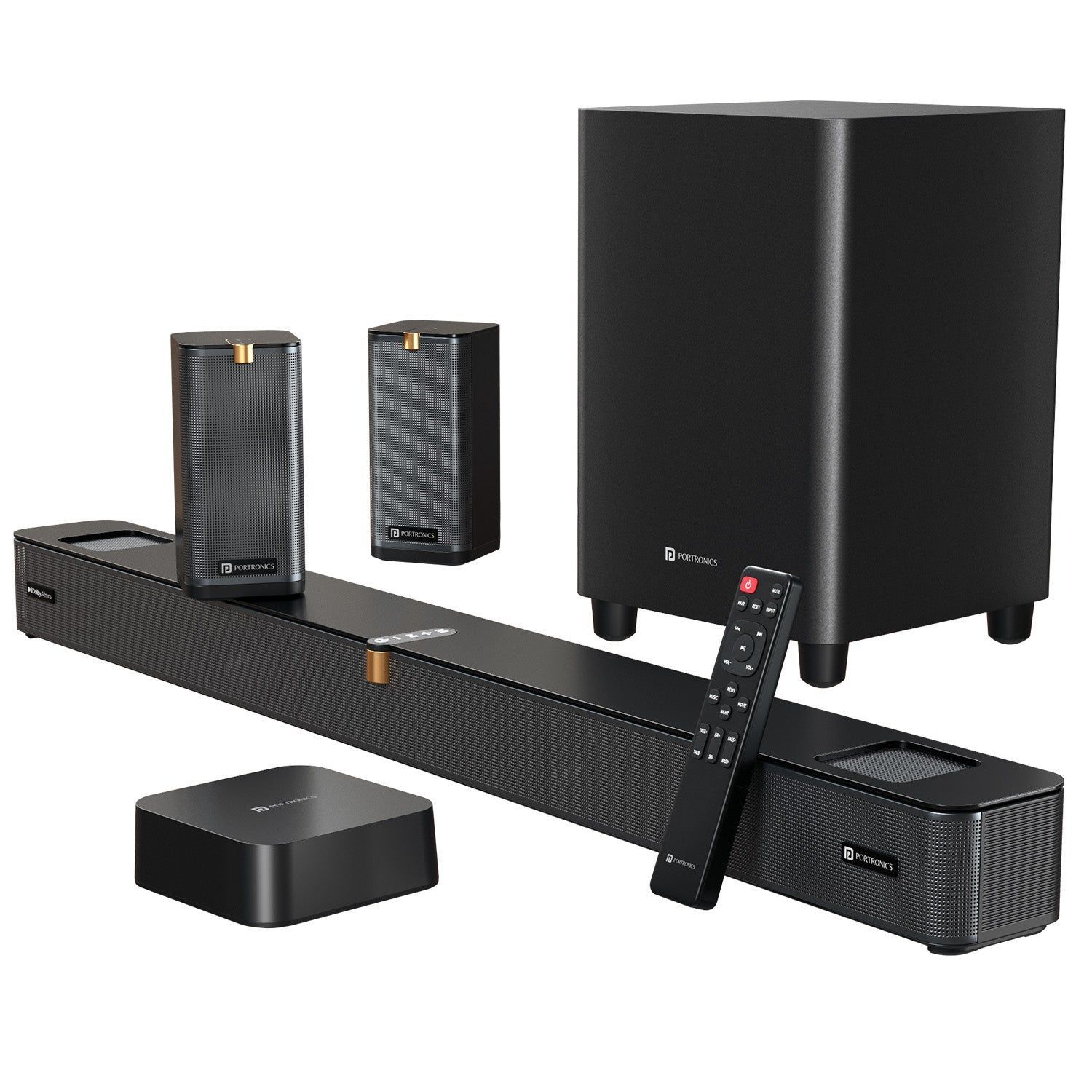 Portronics Sound Slick X1 600W 5.1.2 CH Dolby Atmos Soundbar Home Theatre with Wireless Satellite Speaker, Wired Subwoofer, Wide Comptability,HDMI ARC