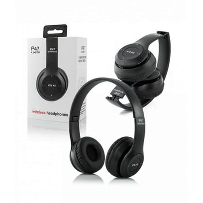 P47 Wireless Bluetooth Headphones, Deep Bass Sound, Foldable Design with Built-in Mic (Black)