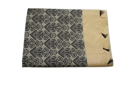 Traditional Cotton Saree with Block Print Border, Cream and Black, Handloom Style with Tassels
