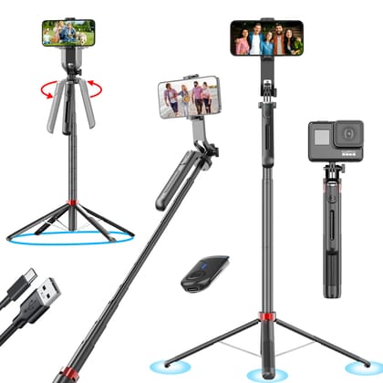 Kratos K10 71 inch Selfie Stick Tripod with 360° Rotation, Rechargeable Remote, Gimbal Handle, Tripod Stand with Ultimate Stability Perfect for Mobile, GoPro,vlogging, Panoramic Shots, Live Streaming 