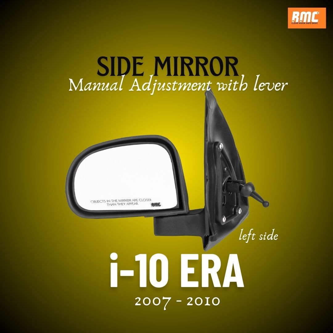 RMC Car side mirror suitable for Hyundai i10 Era with lever (2007-2010) (ABS & Glass) | Non Auto Fold | manually operated (Black) LEFT SIDE(PASSENGER SIDE)
