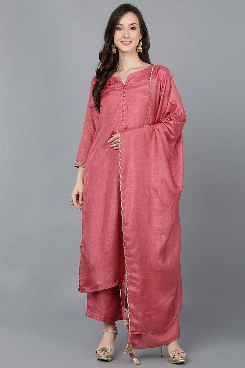 Pink Poly Silk Straight Kurta Pant With Dupatta PKSKD1557