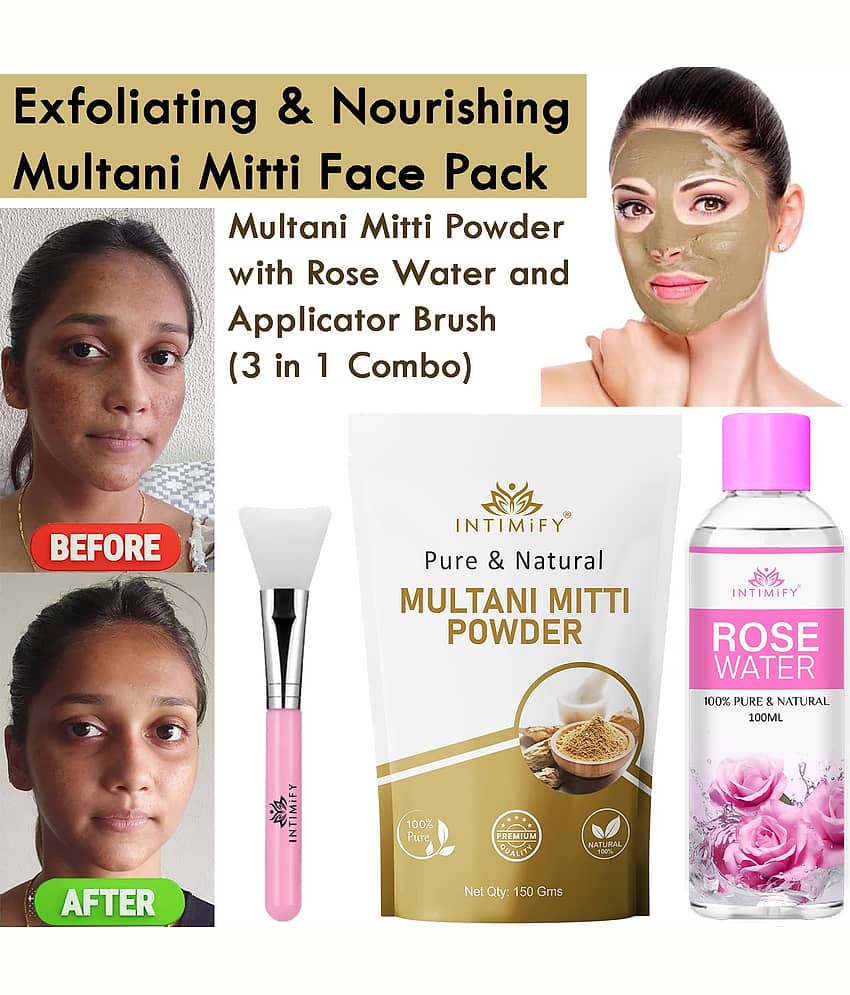 Intimify Multani Mitti Powder, Face Pack With Rose Water And Applicator Brush, 150 Gms