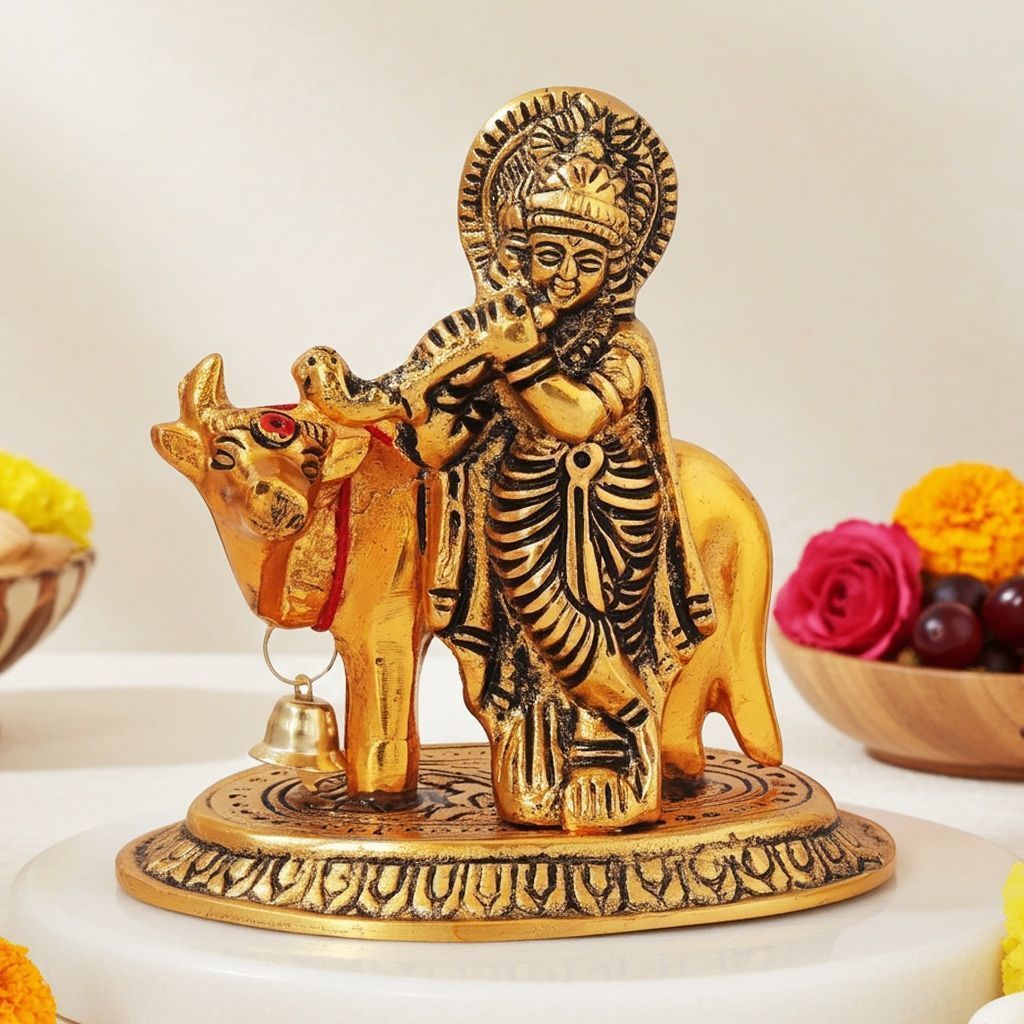 Aluminium Showpiece Krishna With Cow Statue (ASMAS287 G)