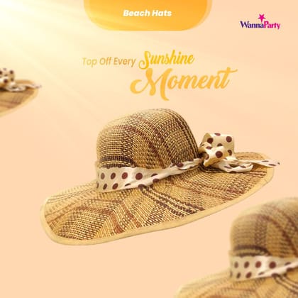 Summer Beach Hat Brown Color w/Polka Dot Silk Ribbon for Women - 1PC