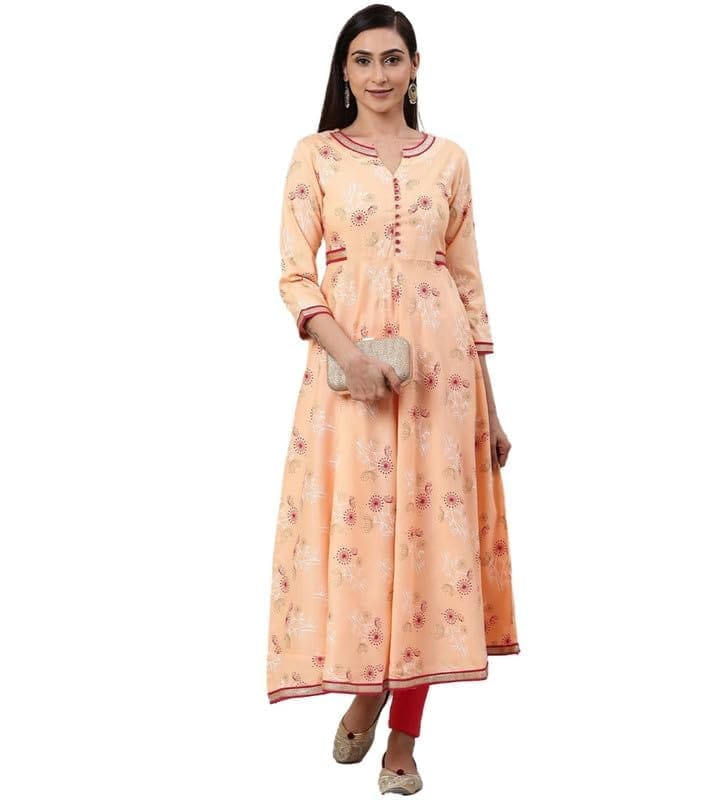 Women's Casual 3/4 th Sleeve Floral Printed Rayon Kurti (Peach, M)-PID48566
