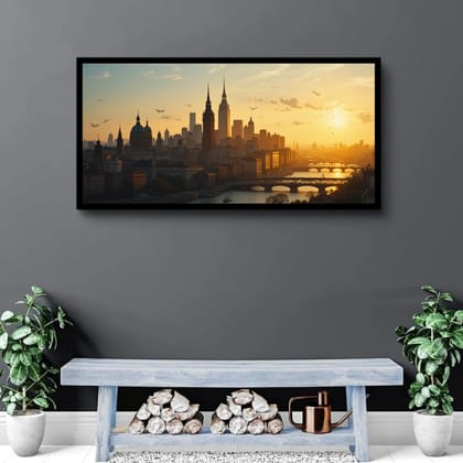 Luminary City of Gold – Skyline Sunrise Symphony Museum-Quality Cotton Canvas Art for Entryway Décor | Frame Size (127 X 69 Cm) | Frame Type (Black) | 5-Year Warranty