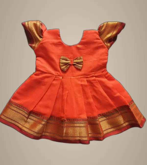 Mom And Me Orange Acrylic Cotton Frock (0-3 Months) | Balloon Sleeve | Party Wear