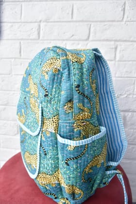 Leopard Print Blue Handblock Cotton Backpack Leopard Print Blue Handblock Cotton Backpack