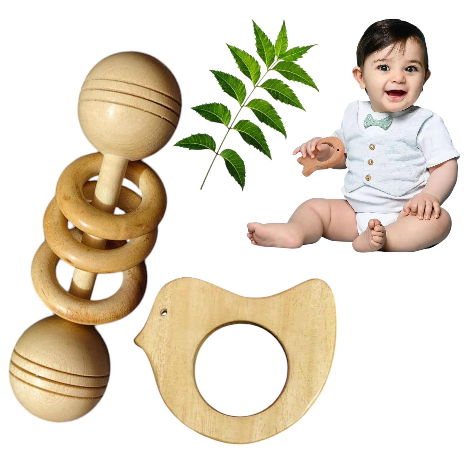 Natural Neem Wooden Baby Rattle and Teether Set, Organic Dummble Ring Rattle with Bird Design, 100% Natural Materials