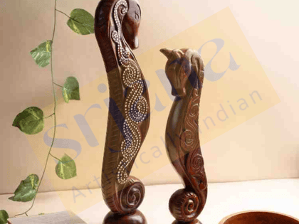 Srjana Handcrafted Mango Wood Seahorse Decor Pair Handicrafts 