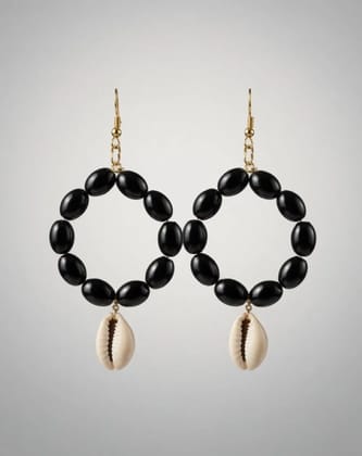 UNER Ethnic Black Bead Hoop Earrings with Natural Cowrie Shell Pendant - Trendy Boho Fusion Jewellery