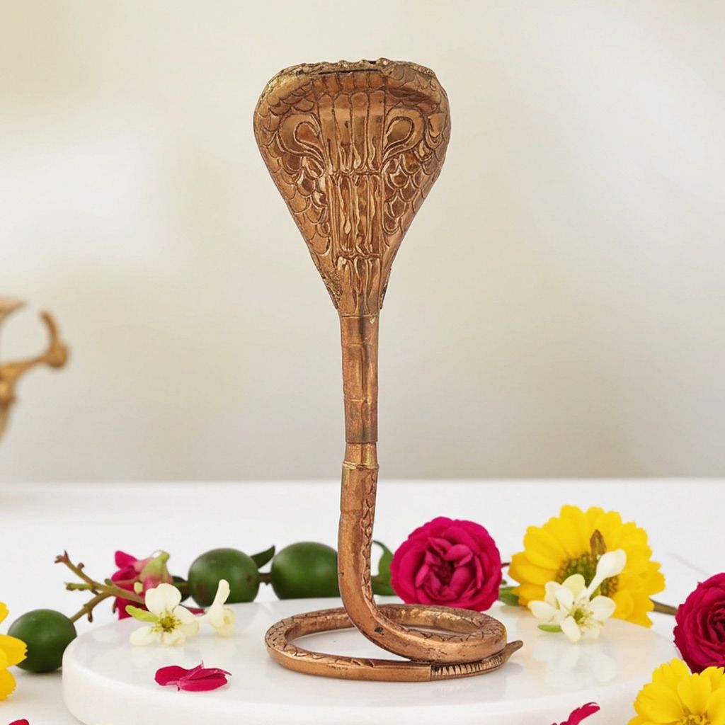 Copper Panch Mukhi Cobra � Spiritual Five-Head Snake Idol, Height : 13.4 Inch (ZMAS312 D)