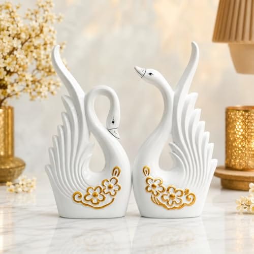 Set of 2 for Home Decor | Ceramic Swan Statue with Golden Flower Design | Decorative Tabletop & Living Room