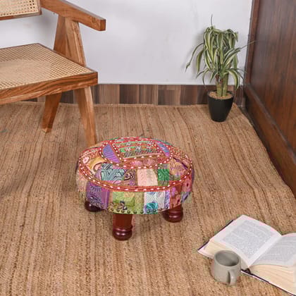Handcrafted Patchwork Upholstered Wooden Ottoman