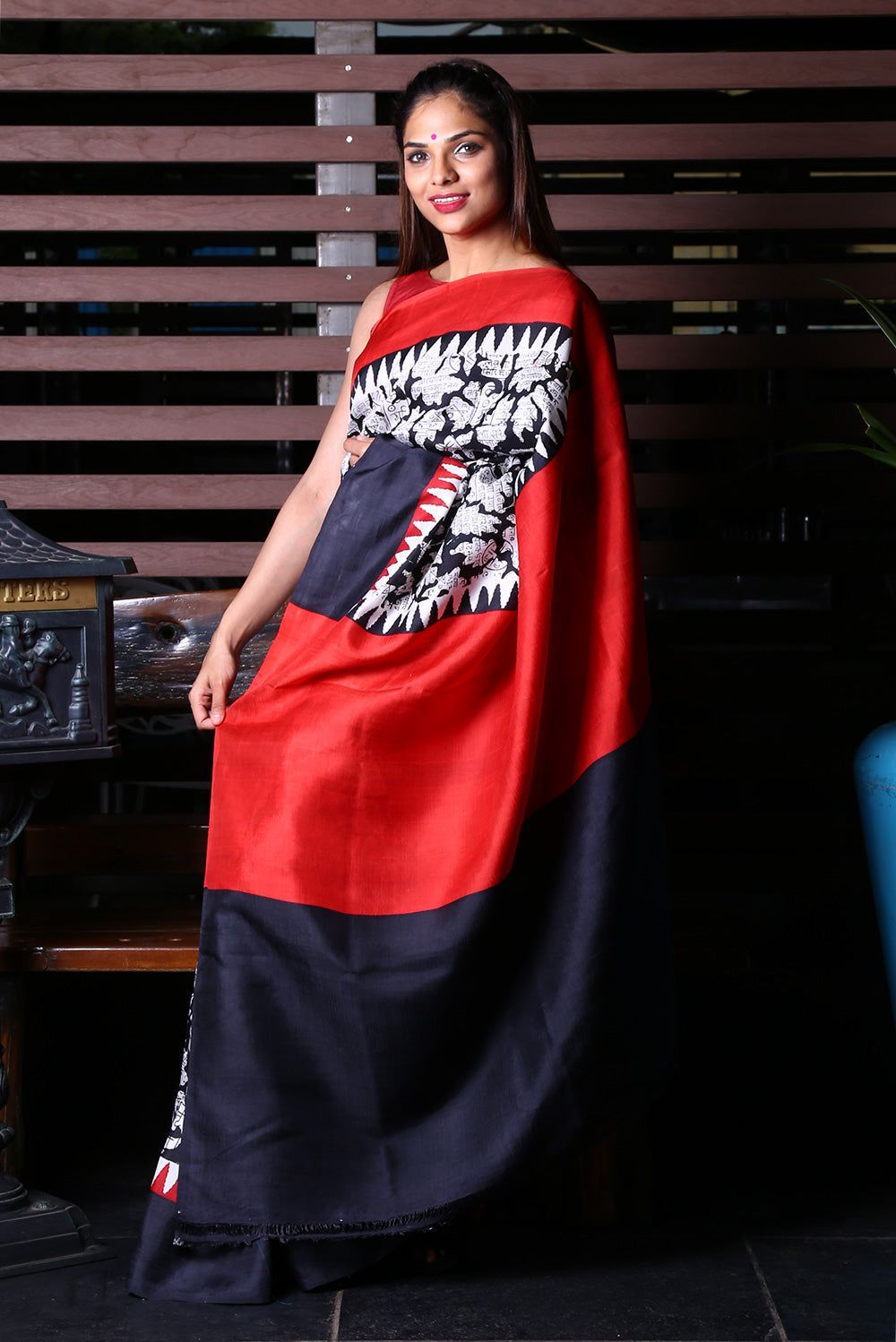Pure Silk Printed Saree with Red Border