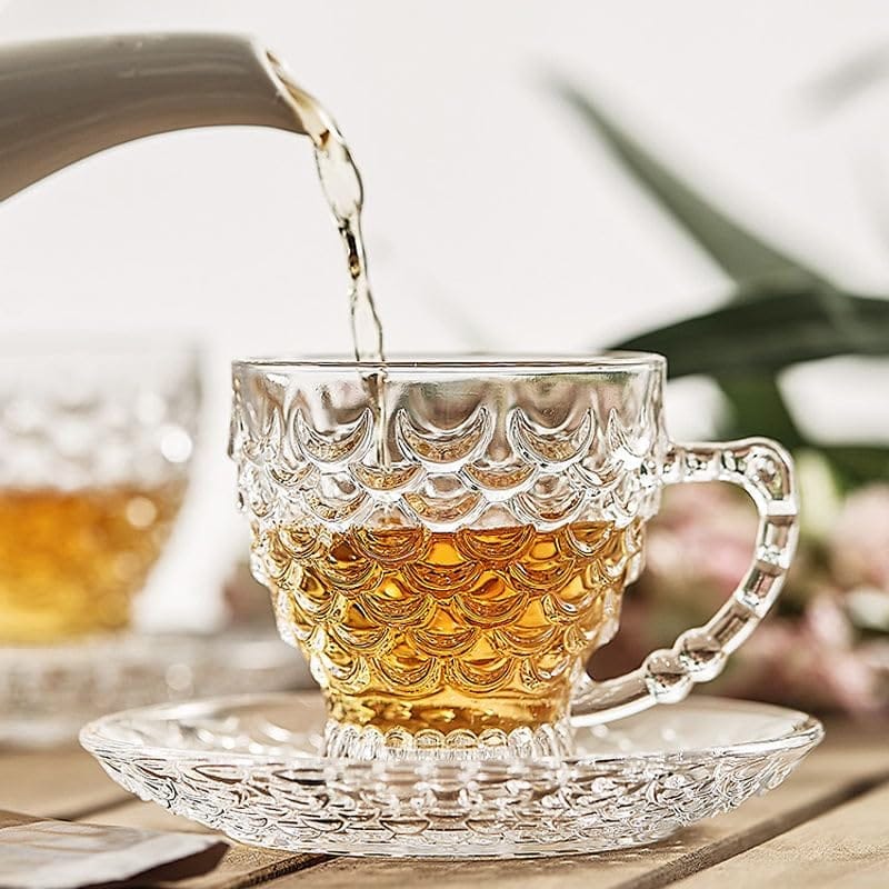 Glass Tea Cup & Saucer Set | Coffee Mug with Handle | Borosilicate Glass Cup for Coffee, Milk, Green and Lemon Tea | 6 Cup and 6 Saucer | Perfect for Gift | 12 Piece Set