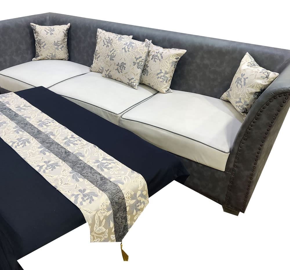 GOODVIBES Grey White Damask Floral Woven Square 5 Cushion Covers and 1 Table Runner Combo Luxury Modern Pillow Cover for Sofa Living Room Bedroom |16X16 Inch Cushion Cover I12 X 59 Inch Table Runner