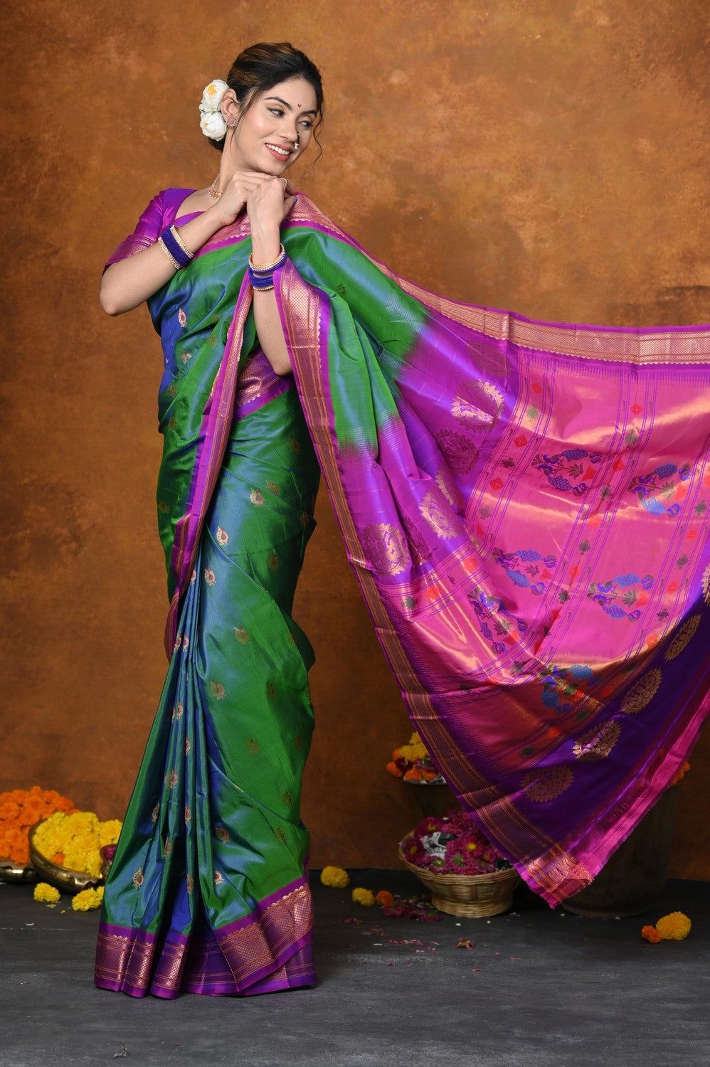 Exclusive Handloom Pure Silk Maharani Paithani With Contrast Pallu~ Dual Tone Blue Green with Peacock Buttis Meena work