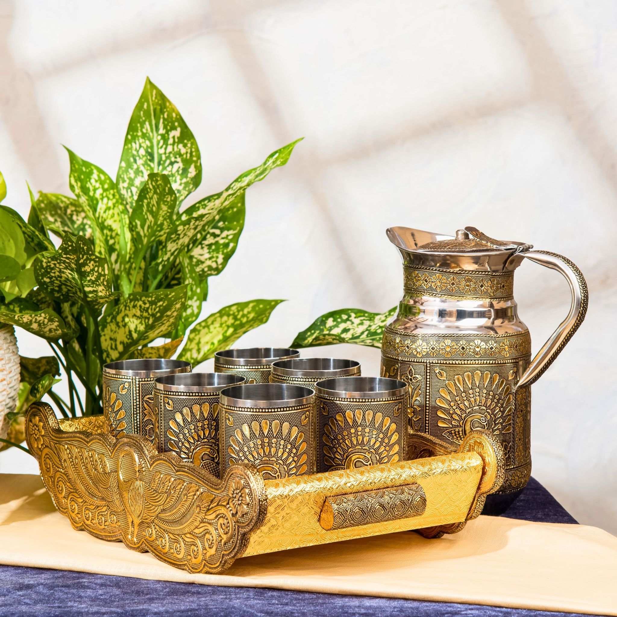 NAVRANG Serving Peacock Lemon Set Steel Glass Jug Tray Set Best for Home Decore Return Gifts