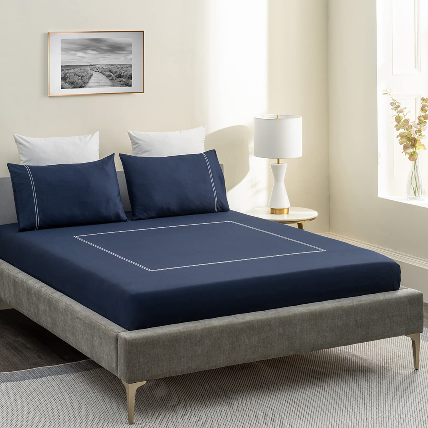 DDECOR - Ritz Collection 100% Cotton Geometric Pattern 180TC Super King |274 CM X 274 CM| with 2 Pillow Covers - Blue