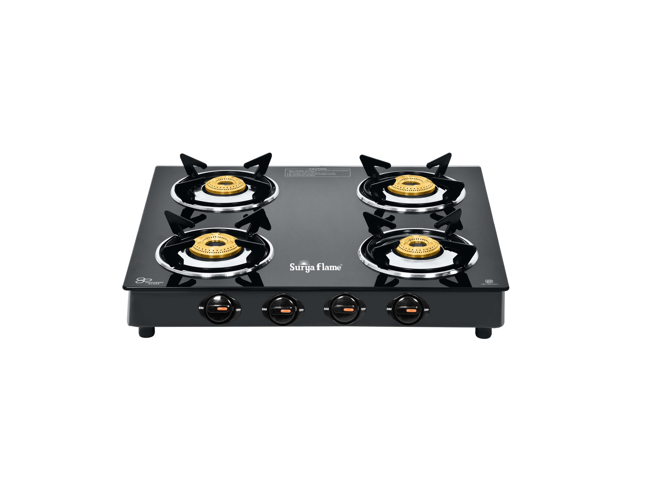 Surya Flame Splendor 4 Burner Gas Stove, Toughened Glass Top,  Brass Burners, Durable Brass Valve, Fuel Efficient 69%+ - Black
