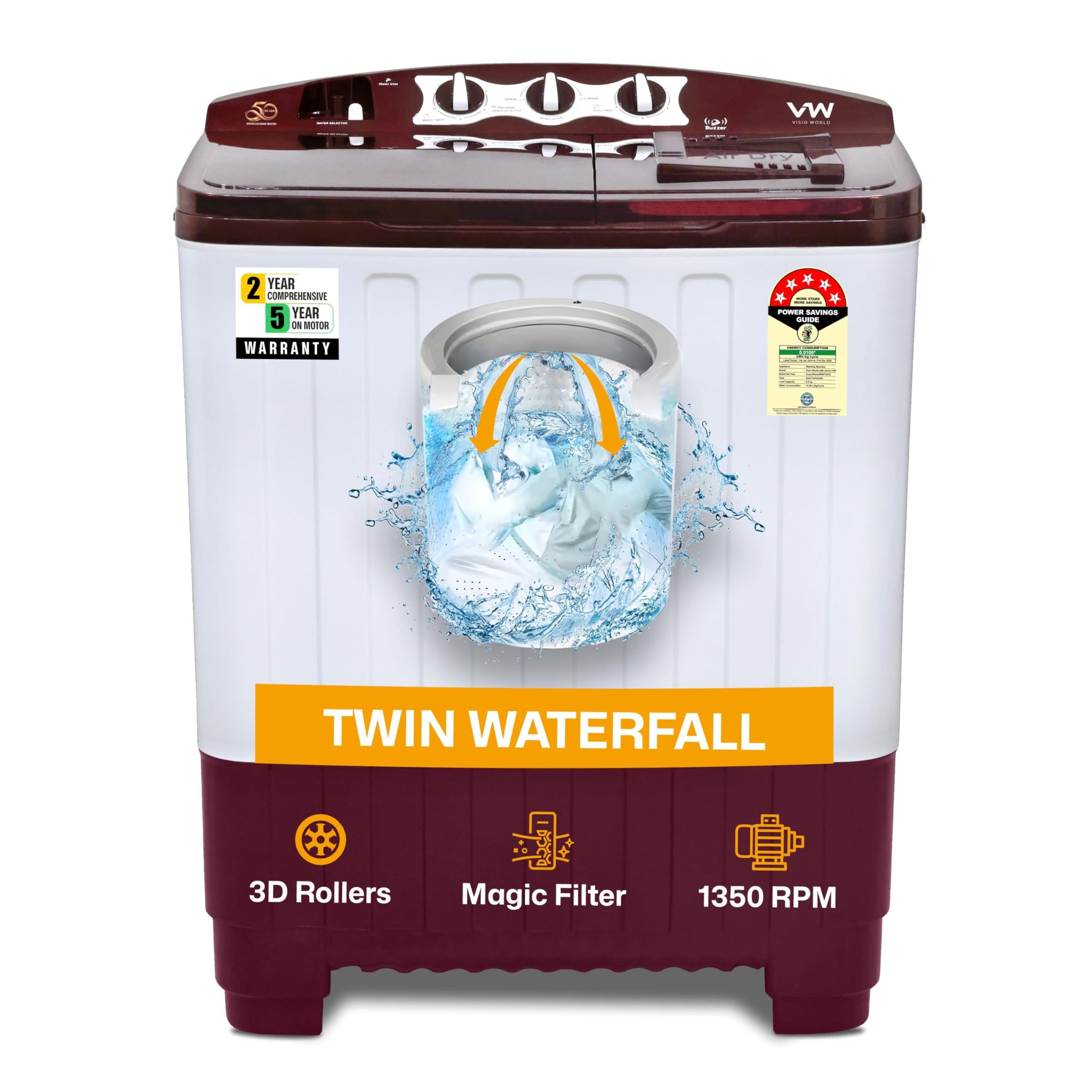VW 8 kg 5 Star Super Wash Semi Automatic Top Load Washing Machine SuperWash0080P (White & Burgundy) VW 8 kg 5 Star Super Wash Semi Automatic Top Load Washing Machine SuperWash0080P (White & Burgundy) - White & Burgundy / 8 Kg